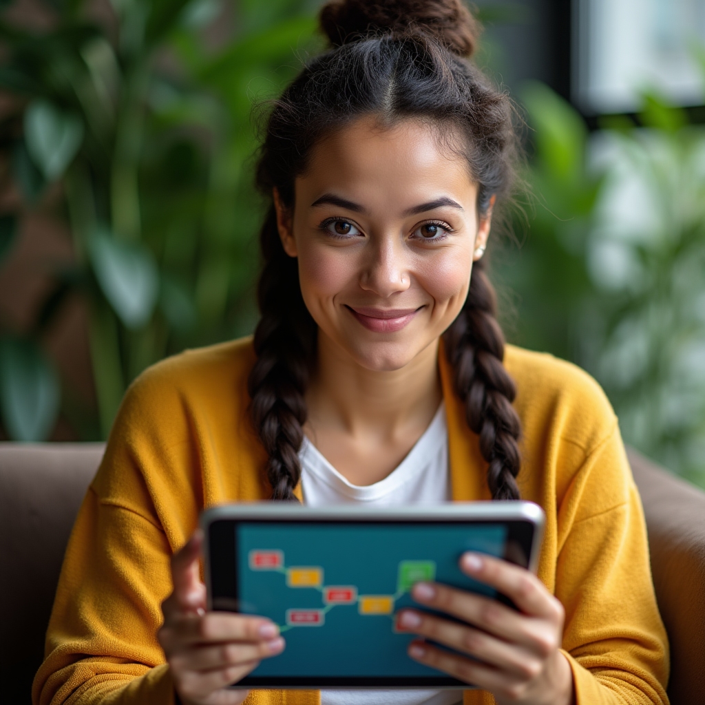 Žena si na tabletu prohlíží osobní studijní plán rozdělený do jednotlivých kroků